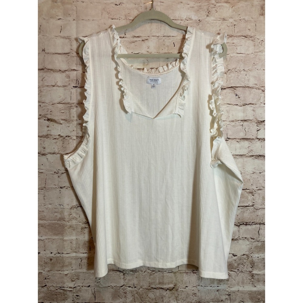 True Craft Tank Top Womens 4X Ivory Ribbed Ruffle Trim Flutter Sleeve‎ Romantic